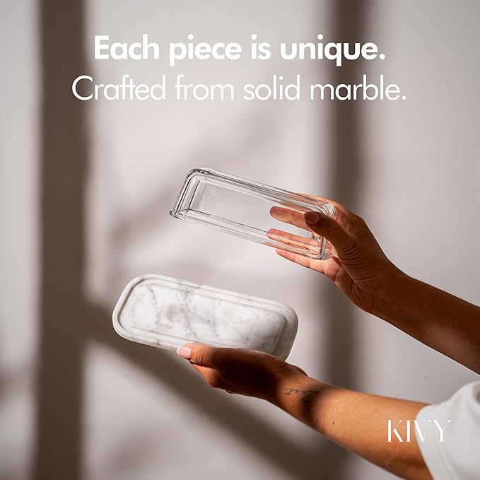 KIVY Butter Dish (White Marble & Glass) - For countertop and refrigerator door shelf - Marble butter keeper - Stone butter dish with lid - Dishwasher Safe