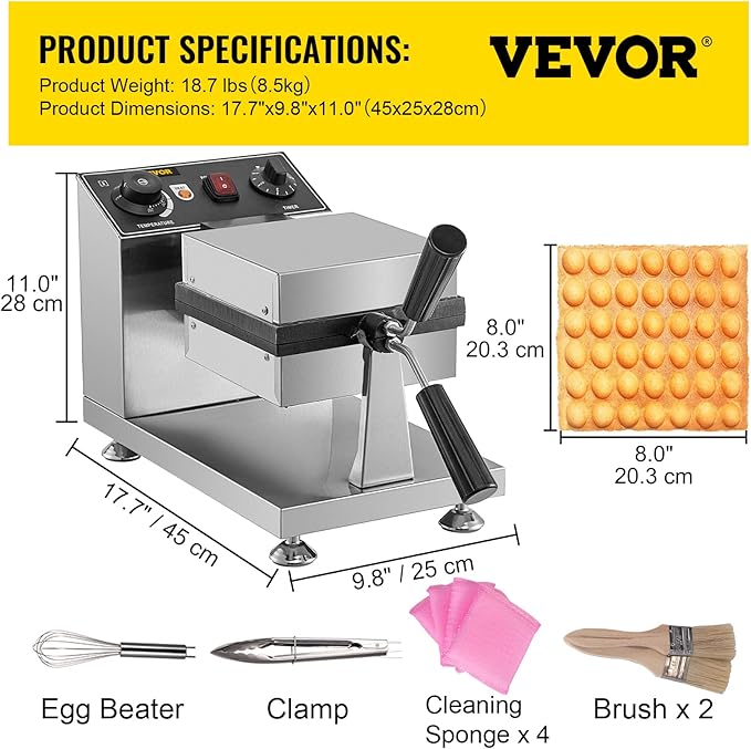 VEVOR Commercial Bubble Waffle Maker, 8" Square Mould, 1200W Egg Bubble Puff Iron w/ 360°Rotatable 2 Pans & Bent Handles, Stainless Steel Baker w/Non-Stick Teflon Coating, 50-300℃/122-572℉ Adjustable