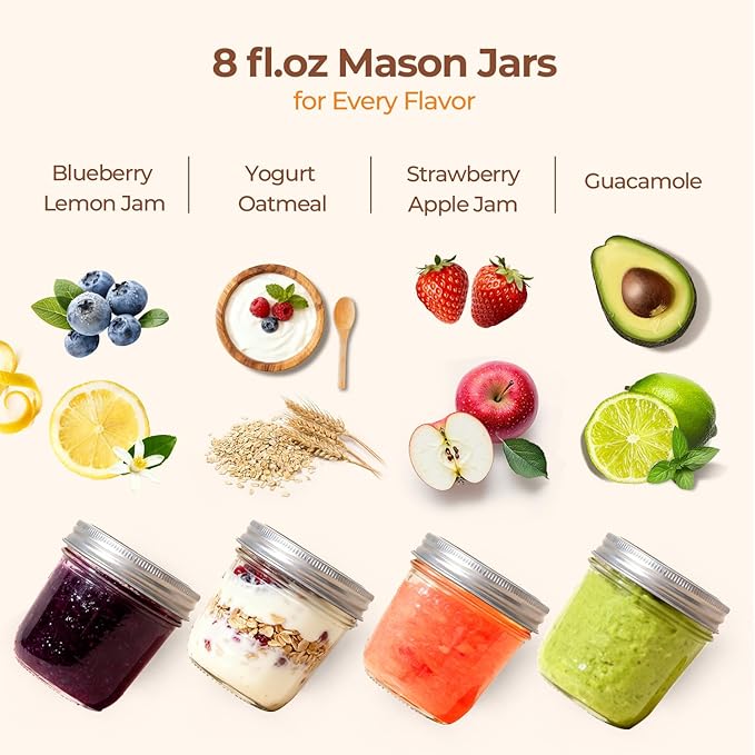 ComSaf Wide Mouth Mason Jars with Lids 8 oz 6Pcs, Half Pint Small Mason Containers, Canning Jars for Jam, Jelly, Meal Prep, Overnight Oats, Yogurt Parfait, Shower Wedding Favors, DIY Candles Decor