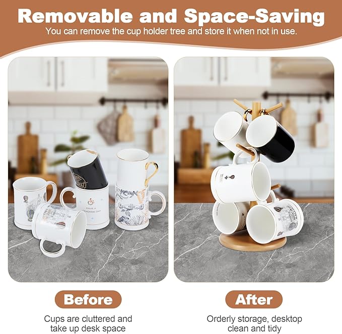 Bamboo Mug Tree Holder, Upgraded Screw Type 6 Hooks Coffee Mug Holders, Decorative Mug Racks for Counter, Non-Slip Coffee Mug Cup Trees