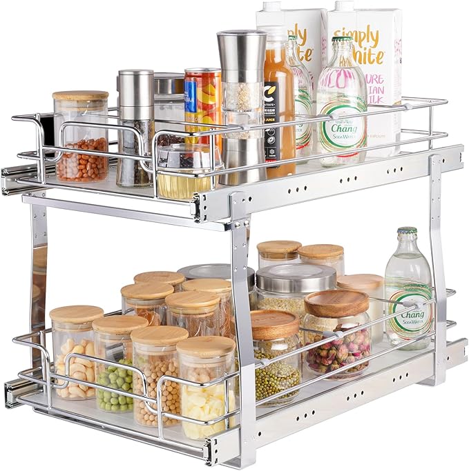 VEVOR Pull Out Cabinet Organizer, 14" Wx21.2 Dx15.2 H Heavy 2 Tier Duty Slide Out Pantry Shelves, Chrome-Plated Steel Roll Out Drawer for Under Sink, 15.5" Wx22.5 Dx19 H Install Size for Cabinet