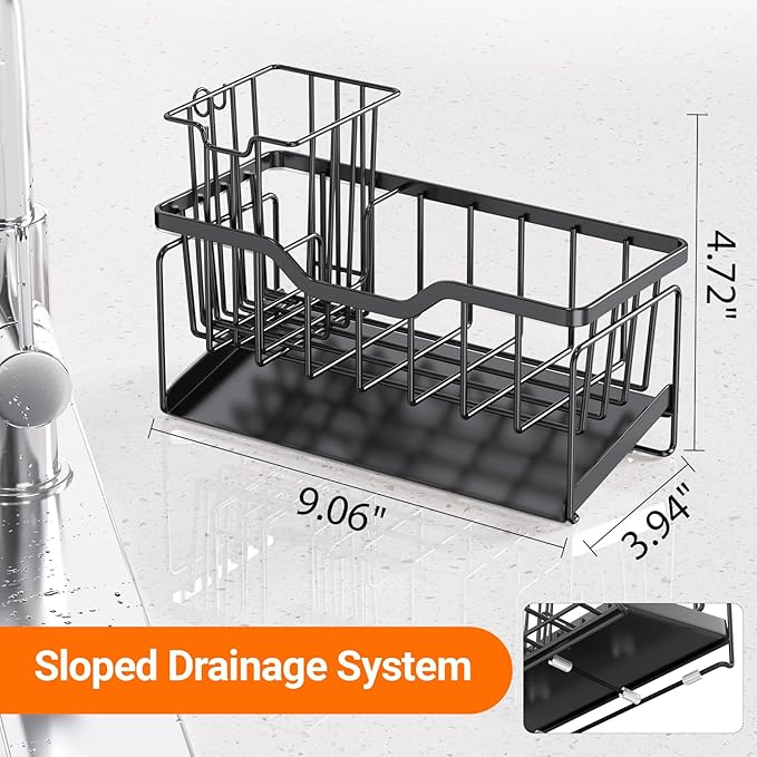 StorageRight Kitchen Sink Caddy Organizer, Rustproof Sponge Holder for Kitchen Sink, Instant Dry High Brush Holders with Drain Tray, Anti-Slip Storage Organization Essentials, Black