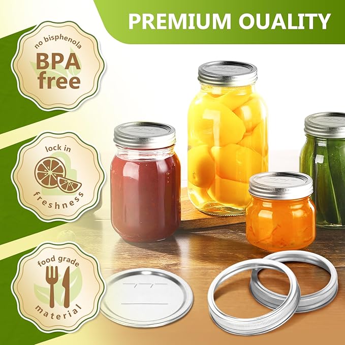 52Pcs Wide Mouth Canning Lids, Rings for Ball & Kerr Mason Jar Lids with Bands - Food Grade with Silicone Airtight Seal Split-Type Metal Large Ball Lids
