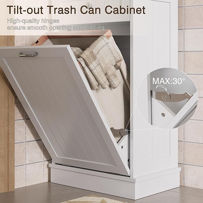 KIGOTY Tilt Out Trash Cabinet,Wooden Kitchen Trash Bin Holder Garbage Bin Recycling Cabinet Laundry Hamper with Solid Wood Countertop and Hideaway Drawer (White)
