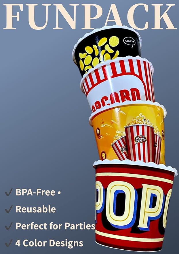 Modern Style Reusable Plastic Popcorn Box/Popcorn Containers/Popcorn Bowls Set for Movie Theater Night - (BPA Free - 4 Pack - 75 oz) (Popcorn Mix E)