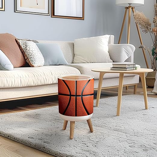 Trash Can with Lid Basketball Press Top Round Small Garbage Bin with Wooden Legs Waste Basket for Kitchen Bedroom Nursery 7L/1.8 Gallon