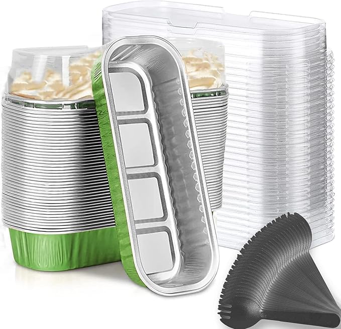 Findful Mini Loaf Baking Pans with Lids and Spoons (50 Pack, 6.8oz) Rectangle Aluminum Foil Baking Pans Tins Containers - Cupcake Containers Wrappers Cheesecake Creme Brulee Ramekins