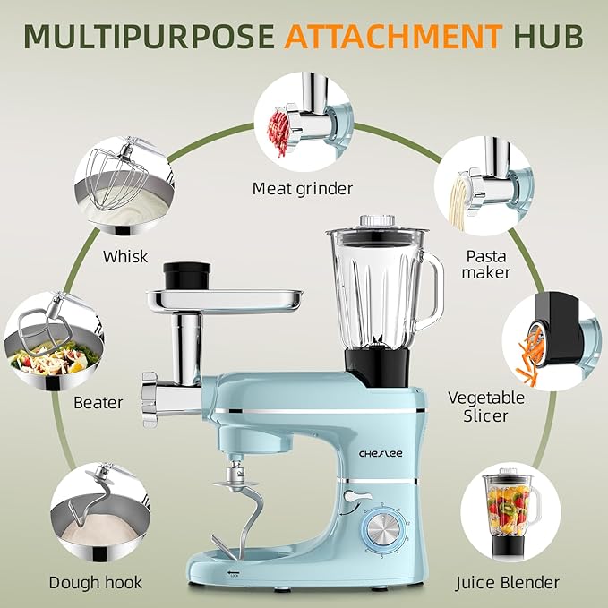 CHeflee Multifunctional Stand Mixer,660W, 6.5QT With Meat Grinder, Vegetable Slicer &1.5L Juice Blender,for Most Home Cooks,Blue
