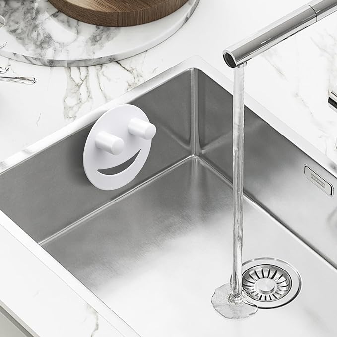 Stainless Steel Smiley Face Sponge Holder, Silver Sink Caddy Organizer Storage with Suction Cup for Kitchen, Kitchen Accessories Decor Scrubber-White