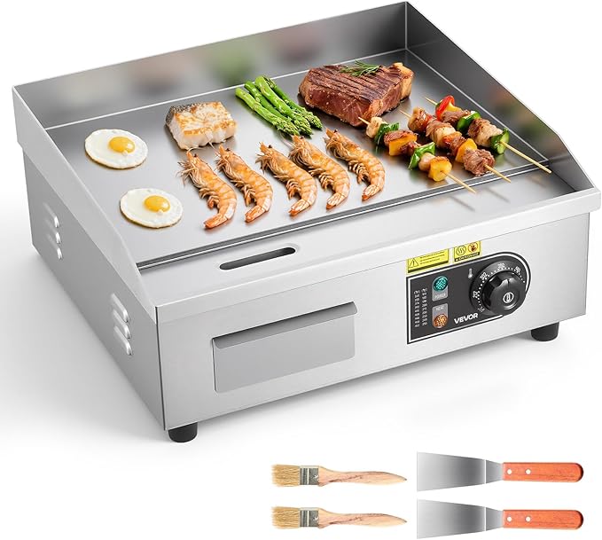 VEVOR Commercial Electric Griddle, 17.72 x 11.81 inch, 1750W, 122-570°F Adjustable Temp Control, Stainless Steel Countertop Flat Top Grill with 2 Spatulas, 2 Brushes, and 4 Foot Pads, for Steak