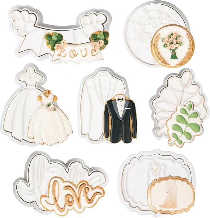 Flycalf Love Cookie Cutters Set of 7 with Plunger Stamps Holiday Gifts Baking Cake PLA Kitchen Diamond Love Ring Shapes for Kids 3" Mold Supplies Biscuit Tools