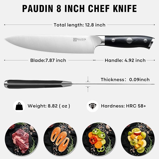 PAUDIN Chef Knife 8 Inch, Professional Kitchen Knife, 7Cr17MoV German Stainless Steel Forged Chefs Knives with Ergonomic G10 Handle, Classic Chef's Knives Meat Knife with Gift Box