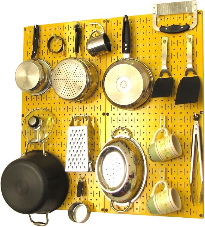 Wall Control Kitchen Pegboard Organizer Pots and Pans Storage Rack Organization Kit with Yellow Pegboard and White Accessories