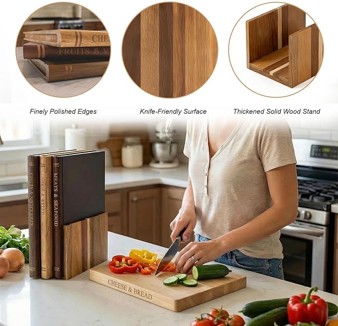 Book Bamboo Cutting Board, Acacia Wood Chopping Board set with Storage Stand, Serving Board Easy to Clean, Ideal Charcuterie Chopping for Meat, Countertop Accent
