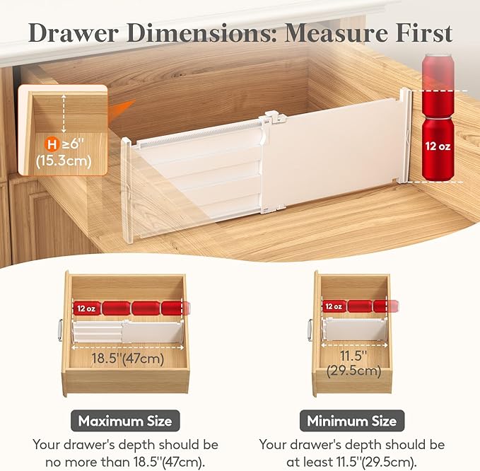 Lifewit 6" Tall 12 Pack Drawer Dividers, 30-47cm/11.5-18.5" Expandable Drawer Divider for Clothes, Adjustable Dresser Drawer Organizers, Drawers Separators for Dresser/Bathroom/Closet/Kitchen White
