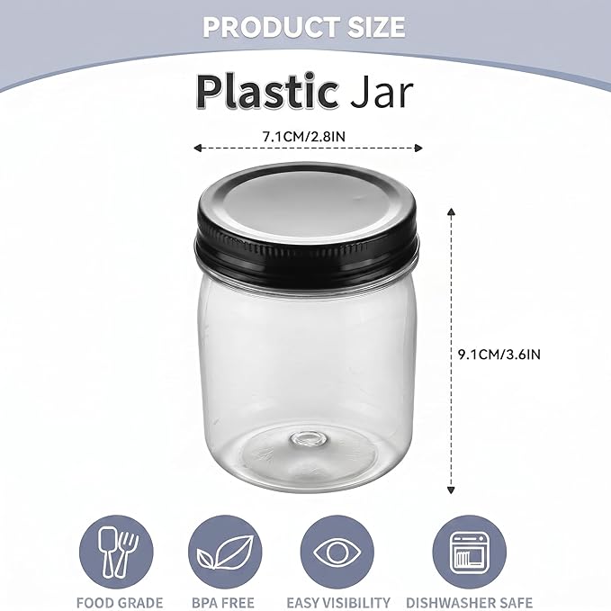 novelinks 8 oz Clear Plastic Jars with Airtight Lids, 48 Pack Plastic Mason Jars with Lids 8oz, Refillable Storage Slime Containers & Small Spice Jar for Kitchen Organization (48 Pack,Black)