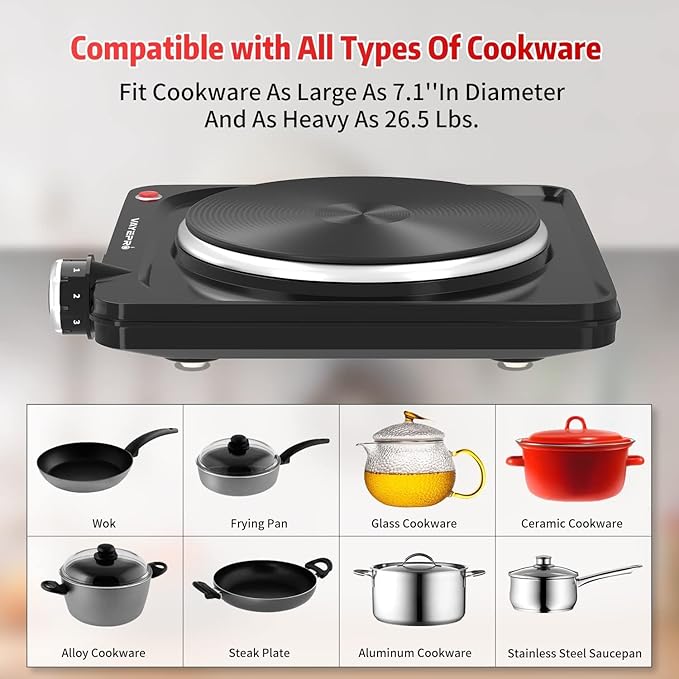 Vayepro 1500W Hot Plate, Portable Electric Stove, Single Electirc Cooktop, Portable Burner for Cooking, Cooktop for Dorm Office Home Camp, UL Listed, Compatible with All Cookware