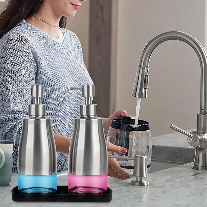 Gaussra Kitchen Soap Dispenser Set with Silicone Tray and Stickers - Brushed Nickel, Stainless Steel Glass Soap Dispenser Bathroom, Refillable Hand Dish Dispenser for Kitchen Sink