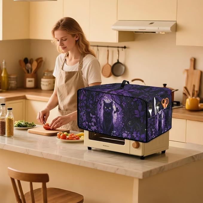 Countertop Convection Oven Cover Decorative and Protective Air Fryer Toaster Oven Dust Cover for Home Kitchen Indoor Decor, M, Black Cat Skull Bat Violet Forest Halloween