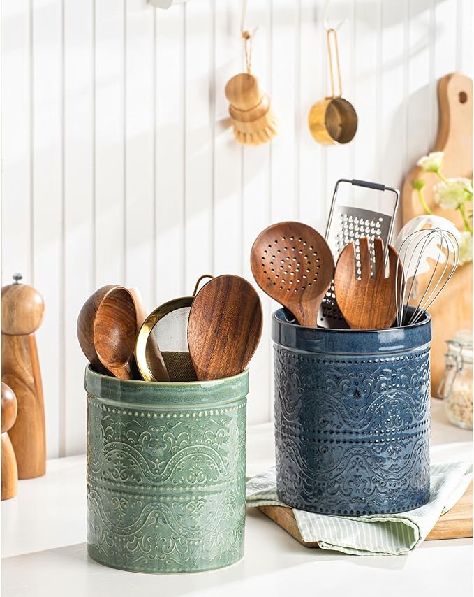 Kitchen Utensil Holder, 7 Inches Large Ceramic Utensil Holder for Countertop, Lace Emboss Cooking Utensil Crocks for Kitchen, Home Decor, Off-White, Forest Green