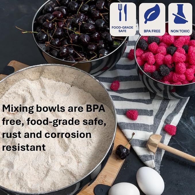 WHYSKO Stainless Steel Mixing Bowls Set of 3 with Non-Slip Silicone Base, Nesting Metal Bowls for Meal Prep, Baking, Cooking & Food Storage, Dishwasher Safe Kitchen Mixing Bowls, Black