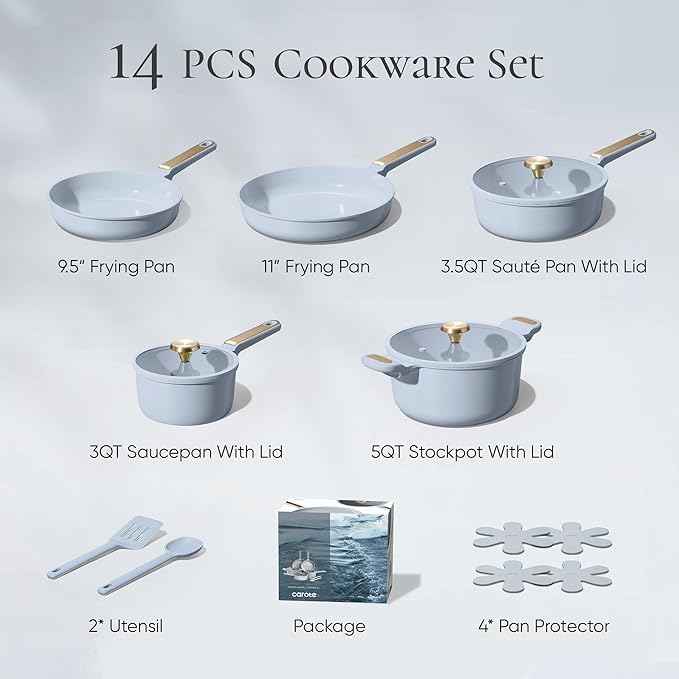 CAROTE Ceramic Cookware Set Nonstick, 14pcs Pots and Pans Set Nonstick, Non-Toxic & PFAS-Free, Dishwasher, RV/Camping Cookware Set, Cooking Pots with Lids, Pastel Blue