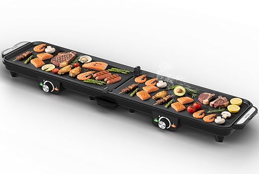 1600W Electric Griddle Indoor: Large Flat Top Grill with Nonstick Plates, 17.5" x 9", 2 Cooking Zone with Adjustable Temp, Pancake Egg Maker with Drip Tray, Indicator Light, Easy Cleanup