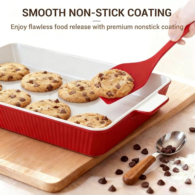 GOURMETEDGE 10-Piece Stackable Ceramic Bakeware Set - Ideal Mother's Day Gift, Non-Toxic Non-Stick Oven Safe, PFOA & PFOS Free, Includes Baking Dishes, Pie Plate, Ramekins & Silicone Tools (Red)