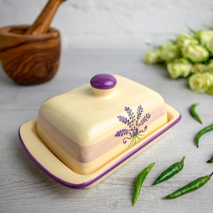 City to Cottage Large Butter Dish with Lid for Countertop, Ceramic Butter Keeper, Butter Container with Knob Handle, Butter Holder Tray with Cover, Handcrafted Cream Lavender Floral Butter Dish