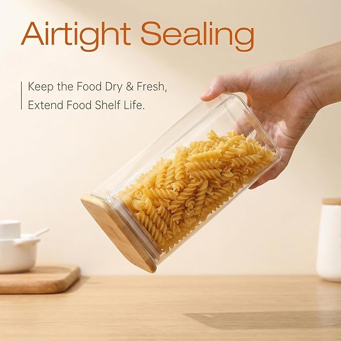 Multi Size - 5 Pack Square Glass Jars with Bamboo Lids, Glass Food Storage Containers with Airtight Lids for Kitchen, Air Tight Pantry Storage Containers for Cereal, Pasta, Rice, Sugar, Coffee, Spice