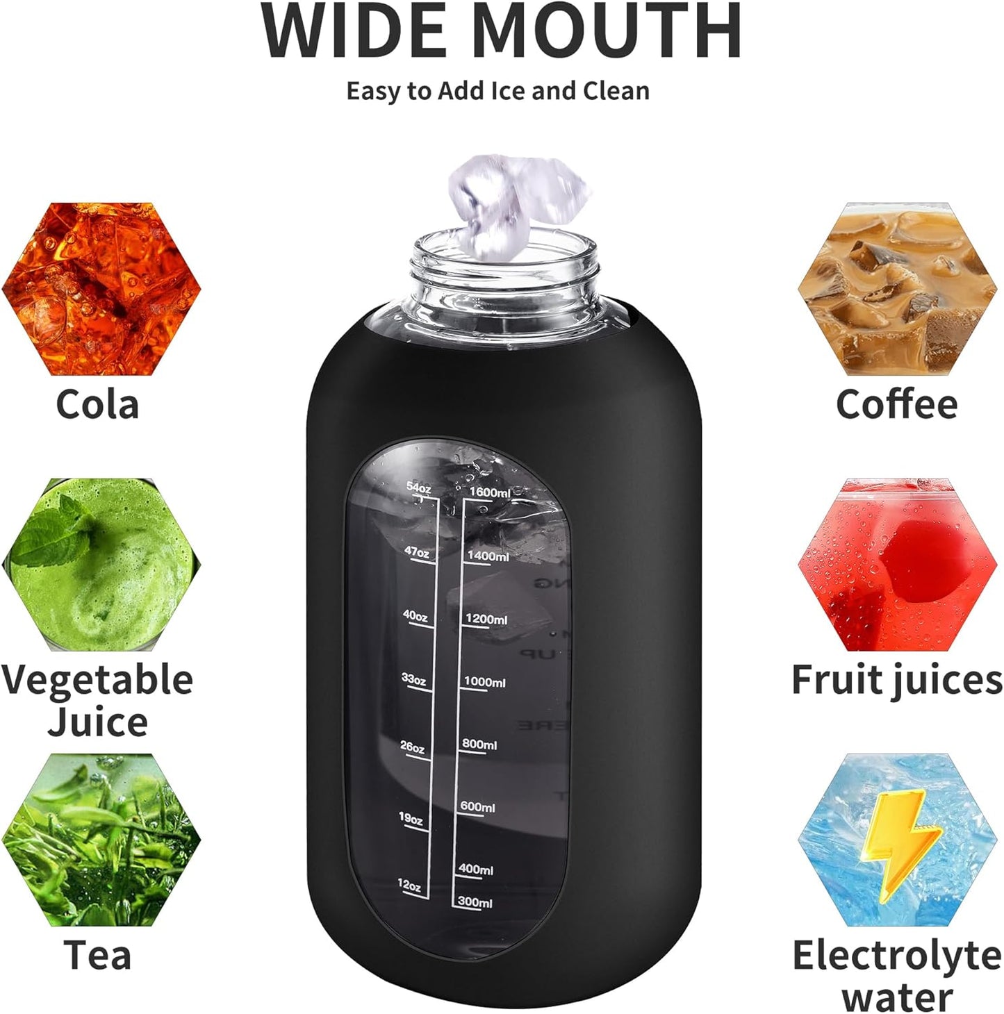 CIVAGO 64 oz Glass Water Bottle Jug with Straw and Handle, Half Gallon Sports Motivational Water Bottle with Time Marker, Wide Mouth Flask Canteen with Silicone Sleeve for Gym, Black