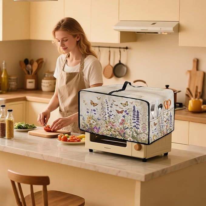 Toaster Oven Cover Washable Small Kitchen Appliance Dust Cover with Pockets, for Air Fryer Toaster Ovens, Microwaves, L, 18.5 x 22.5 x 13 Inches, Retro Floral Butterfly Print
