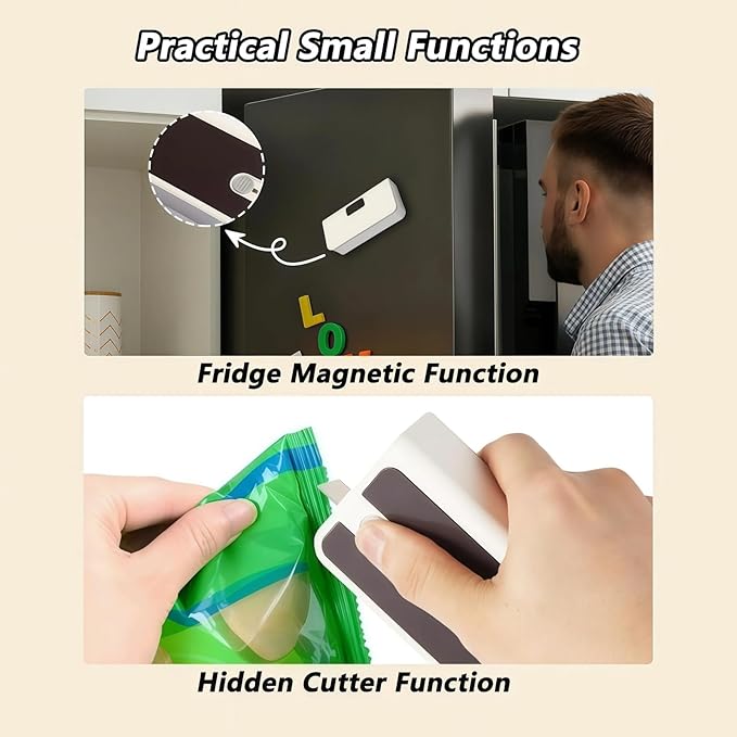 2026 New USB-C Rechargeable Mini Bag Sealer, One-Touch, Adjustable and Portable Freshness, 6-Level Adjustable Heat Sealer & Cutter, LED Display, Magnetic Base for Fridge & Kitchen (Blue)