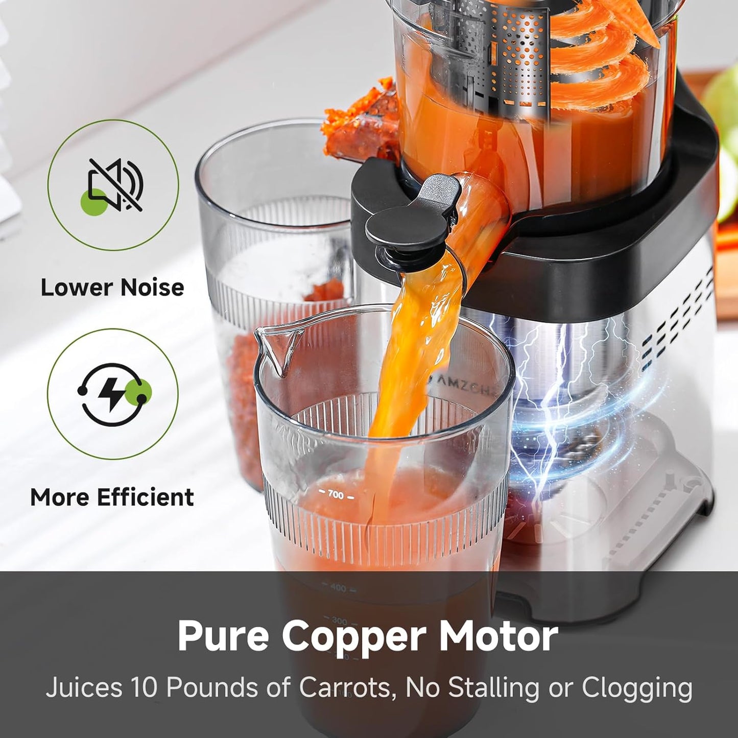 AMZCHEF Cold Press Juicer, 5.2" Juicer Machines with Large Feed Chute for Whole Fruits & Vegetables, Stainless Steel Juice Extractor with Large Auger, Triple Strainers, Easy Cleanup & Assembly