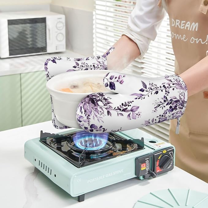 Purple Eucalyptus Oven Mitts and Pot Holders Set, 4pcs Silicone Watercolor Plant Leaves with Floral Oven Glove for Kitchen Heat Resistant Oven Mitts and Potholders Non-Slip for Cooking
