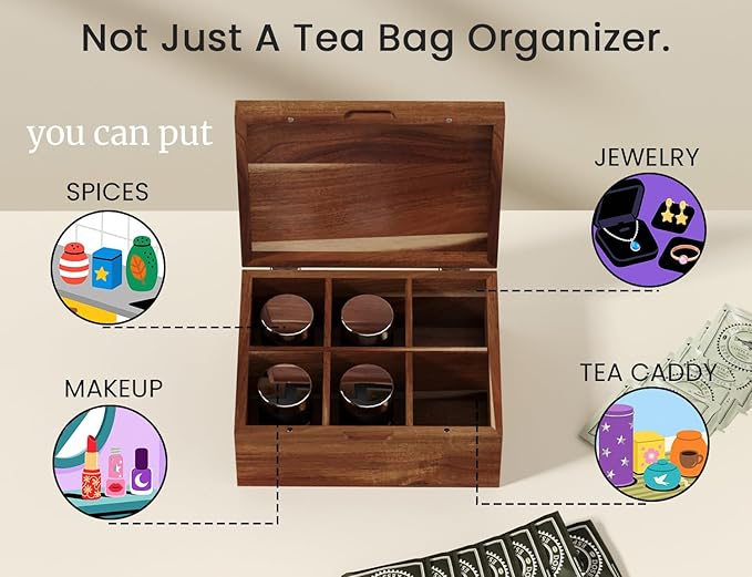 Acacia Wood Tea Bag Organizers, Tea and Sugar Packet Storage Chest with Lid, Wooden Teabag Holder Containers,Storage Box Teabox with 6 Compartments
