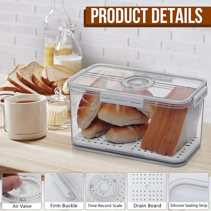 Gifhomfix Bread Box Bread Boxes for Kitchen Counter Airtight, Time Recording Bread Storage Container with Lid, Bread Keeper for Homemade Bread, Toast, Bagel, Donut and Cookies, LARGE White