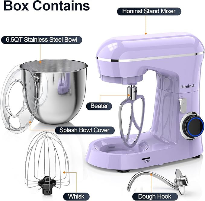 Honinst Stand Mixer, 6.5QT 10-Speed Tilt-Head Electric Stand Mixer, 3-In-1 Kitchen Mixer with Bowl, Dough Hook, Whisk and Beater, Food Mixer for Baking, Cake and Most Home Cooks, Purple