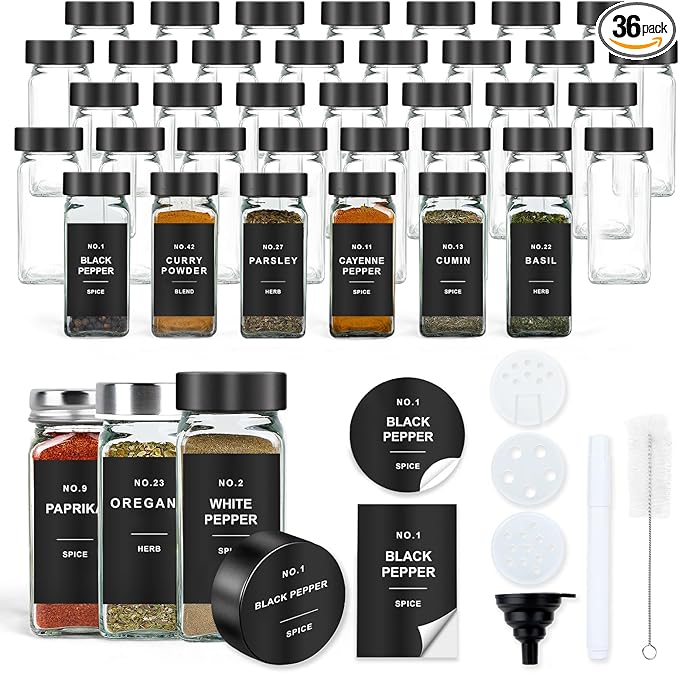 Spice Jars with Label, 36pcs 4oz Glass Spice Jars with Black Lids, Square Spice Containers with 304 Labels and Shaker Inserts, Empty Seasoning Bottles for Drawer, Cabinet, Seasoning Organizer