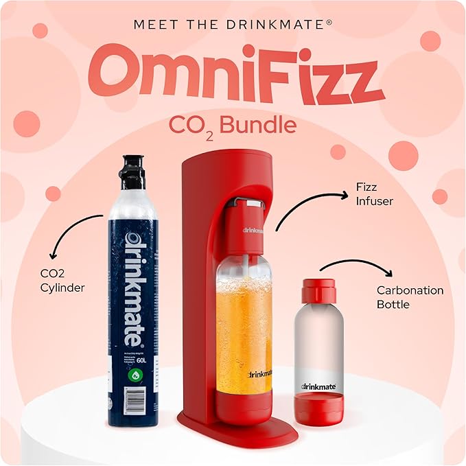 Drinkmate OmniFizz Sparkling Water Maker & Soda Streaming Machine | Carbonates Any Drink | SPECIAL BUNDLE | Includes 60L CO2 Cartridge + Two BPA-Free Bottles (Royal Red)