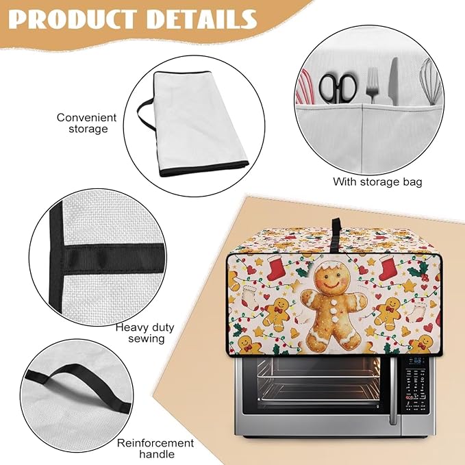 Countertop Convection Oven Cover Dust-Proof Toaster Oven Cover with Accessories Pockets, Countertop Convection Oven Protector, S, Gingerbread Man Christmas String Lights