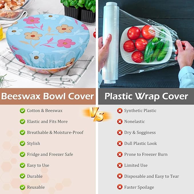 5-Size Reusable Beeswax Bowl Covers for Bread Proofing, Cotton Cloth Flexible Beeswax Wraps for Food Storage(Bellflower)