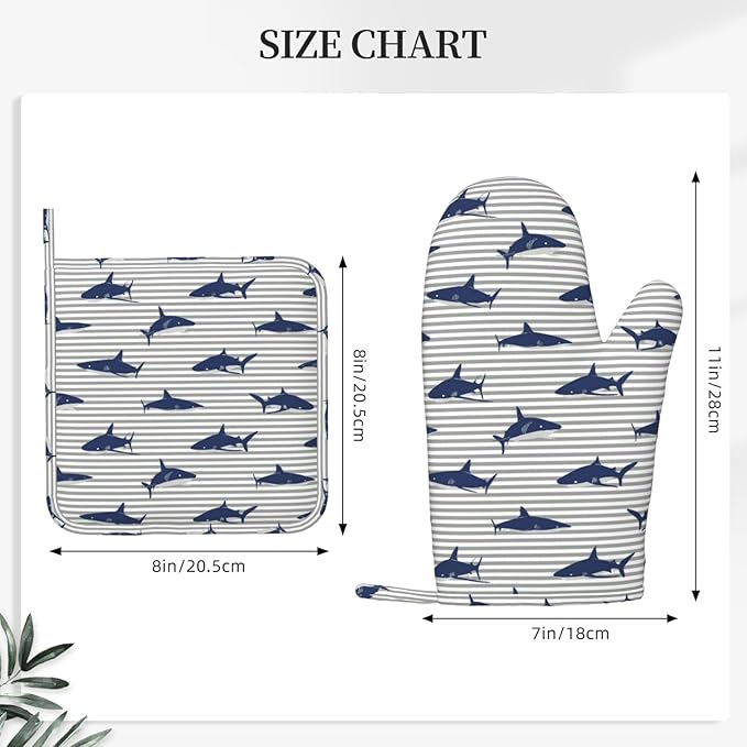 Sharks Oven Mitts and Pot Holders Sets Silicone Blue Shark Grey Stripes Kitchen Oven Mitts Hot Pads Heat Resistant Potholders Kitchen Mitts Set for Baking BBQ Cooking