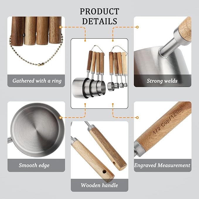 Measuring Cups and Spoons Set Stainless Steel Measuring Cups and Spoons with Wood Handle for Dry and Liquid Ingredients