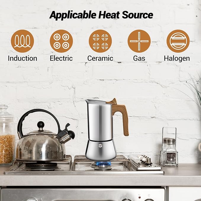 No Coating 6 Cup Moka Pot Thickened 304 Stainless Steel Stovetop Espresso Coffee Maker 300ml 10.1oz Mocha Percolator Greca Cuban Ideal for Making Rich Authentic Italian Café