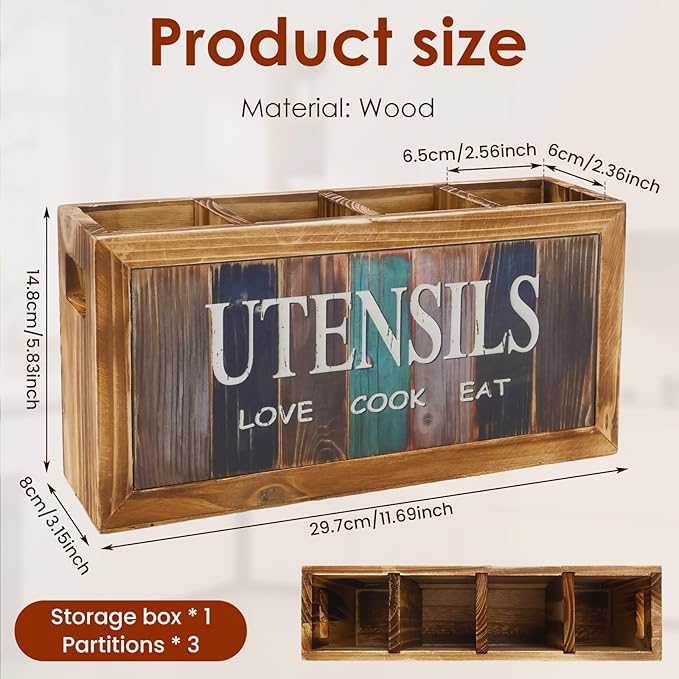 Wood Utensil Holder Practical Utensil Holder with 4 Compartments for Oil Bottle Spatula Cutter and Fork