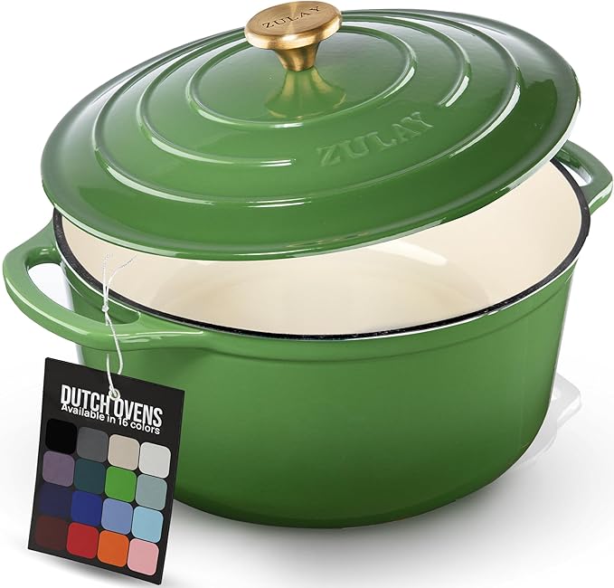 Zulay Kitchen 6 Quart Enameled Cast Iron Dutch Oven Pot with Lid – Premium Durability & Oven Safe up to 500°F – Heavy Duty Cookware Perfect for Bread Baking, Stews, Braising & Roasting - Green