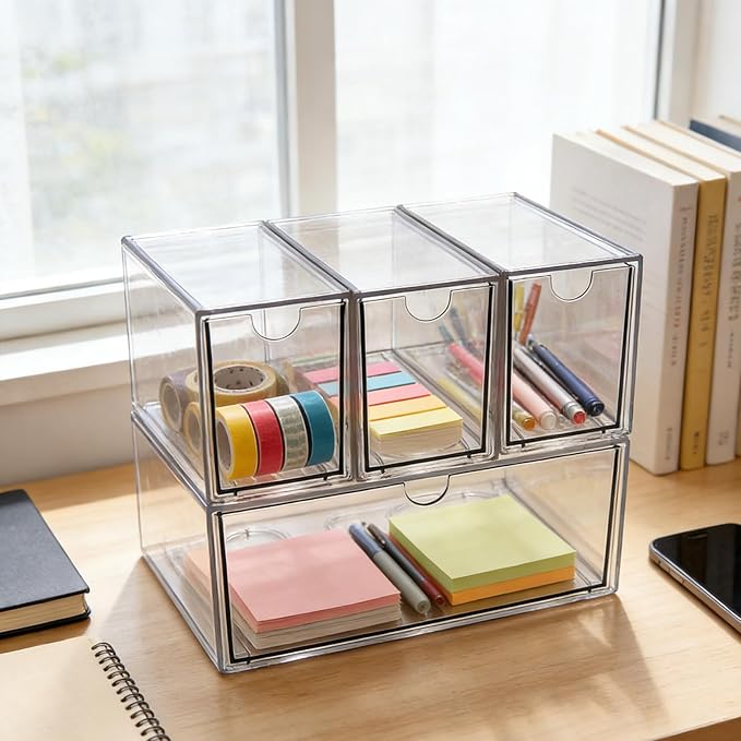 6-Pack Tea Bag Drawers Organizer – Clear Plastic Tea Bag Holder, Stackable & Portable, Wide Storage Drawers for Cabinet, Pantry, Kitchen Counter, Herbal Tea, Coffee Pods (4-Tier)
