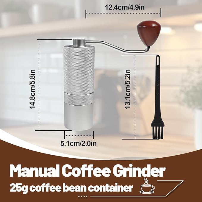 Manual Coffee Grinder Gift Box Detachable Stainless Steel Conical Burr Aluminum Coffee Bean Grinder with 25 Grinding Settings Cleaning Brush Grindable Espresso Moka Pot for Camping Silver