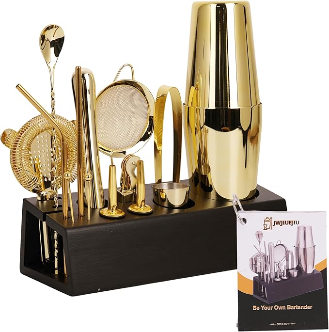 Cocktail Shaker Set Bartender Kit with Bamboo Stand, 15-Piece Stainless Steel Bar Set Accessories, Professional Bartending Kit Home Bar Tools Set with Recipes (Gold, Black Stand)